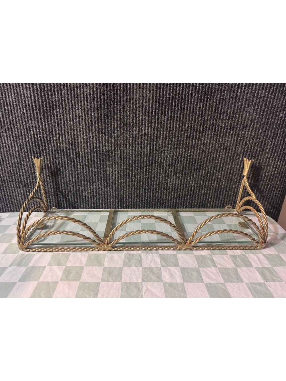 Vintage Brass and Glass Wall Shelf with Decorative Twisted Metal Design